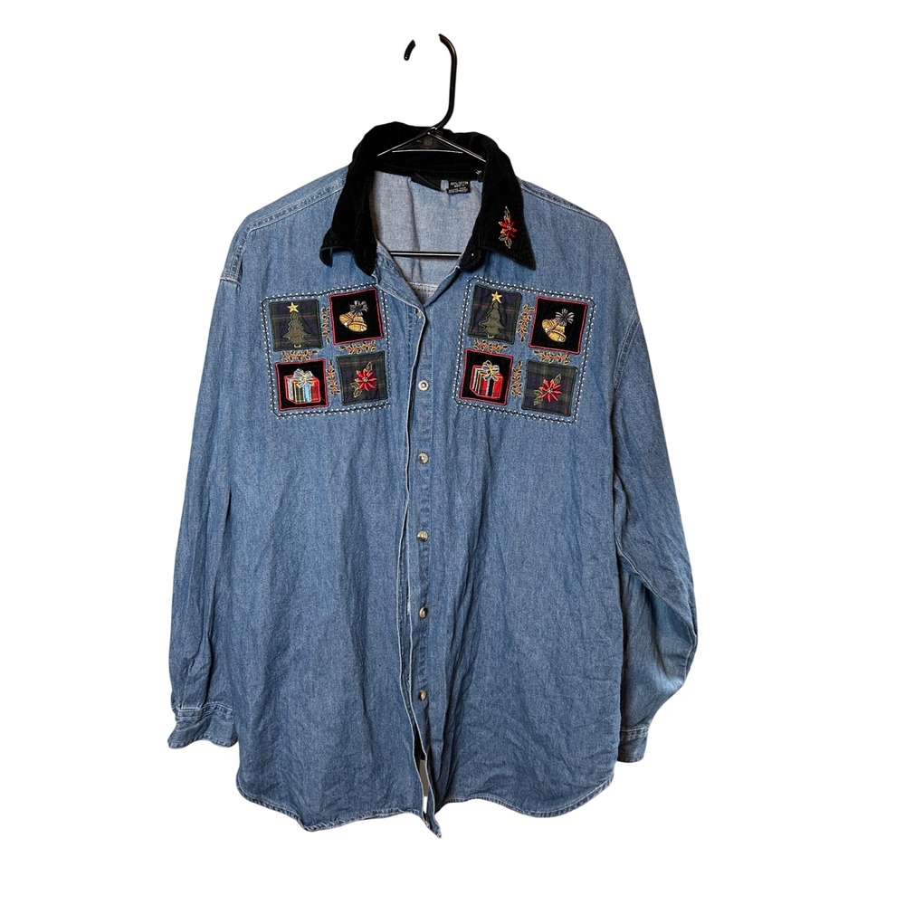 Quizz Woman & Co. Denim Shirt Women's 20 Blue Christmas Embroidered Cord Collar